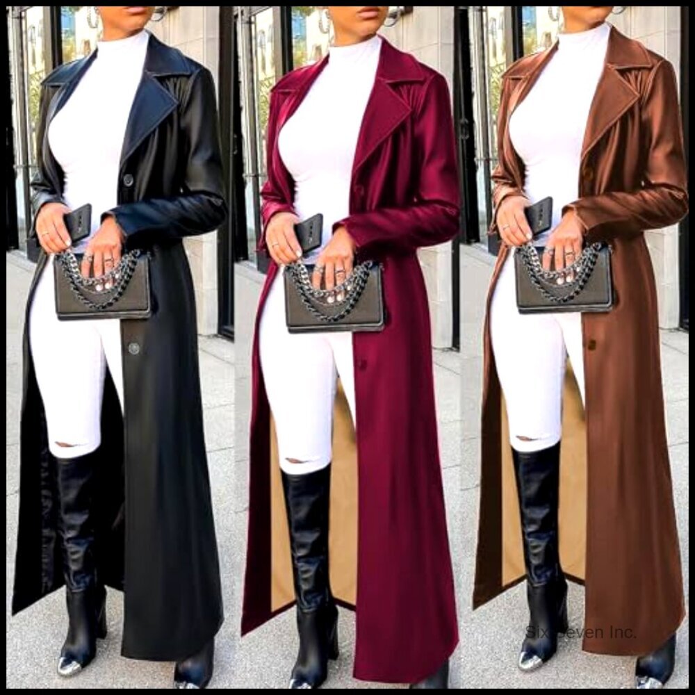 Long Faux Leather Trench Coat Motorcycle Style Button Front Regular Fit - Picture 3 of 5